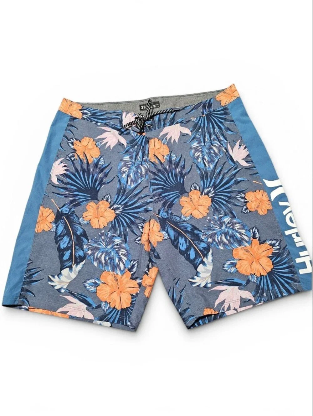 Hurley Swim Trunks Unlined Men's Blue & Orange Floral Front Key Pocket Size 38